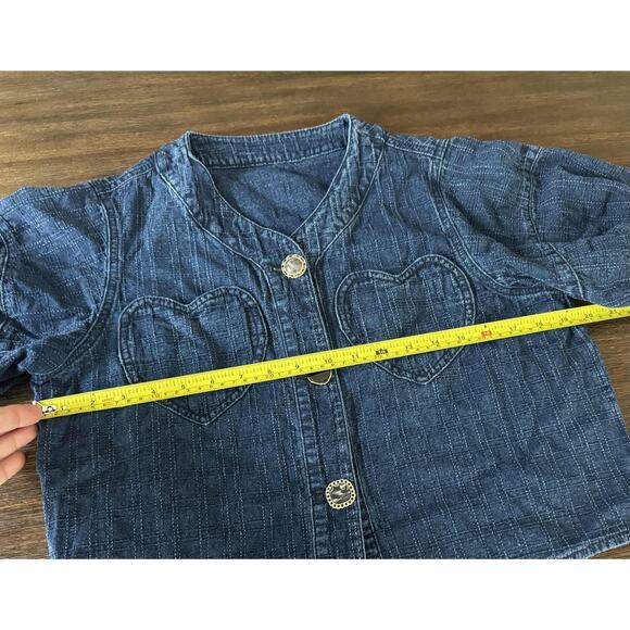 Cropped Jacket Womens Small Puff Sleeve Blue Denim Buttons Heart Pockets KUOSE - Picture 11 of 16